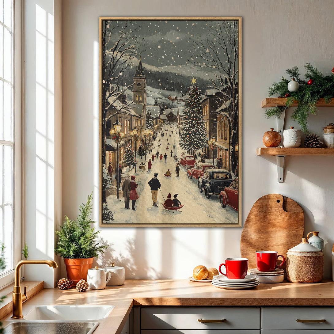 Framed Wall Art: Vintage winter scene Canvas Print. Classic snowy village illustration with warm, inviting colors. Perfect holiday decor for a cozy home.