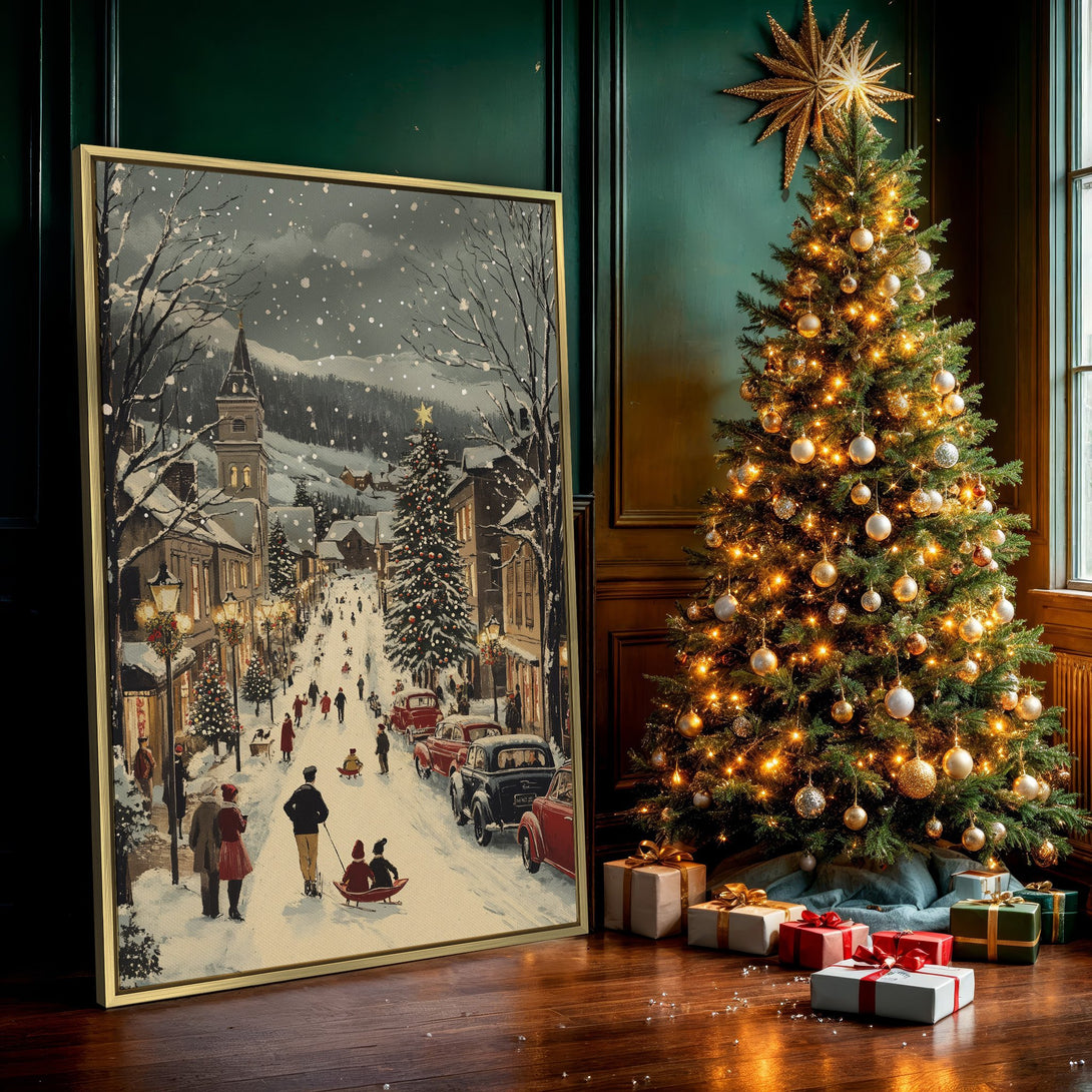 Canvas Print of a vintage winter village scene in a muted, nostalgic color palette. Perfect holiday decor!