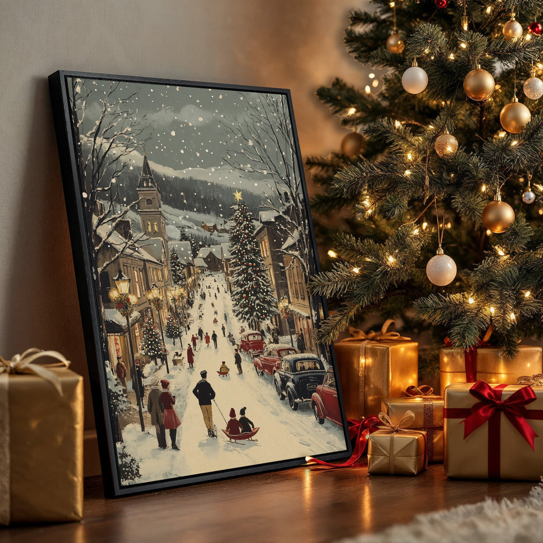 Framed Wall Art: Vintage winter scene Canvas Print with snowy street, warm tones, and a classic holiday feel. Perfect Christmas decor!