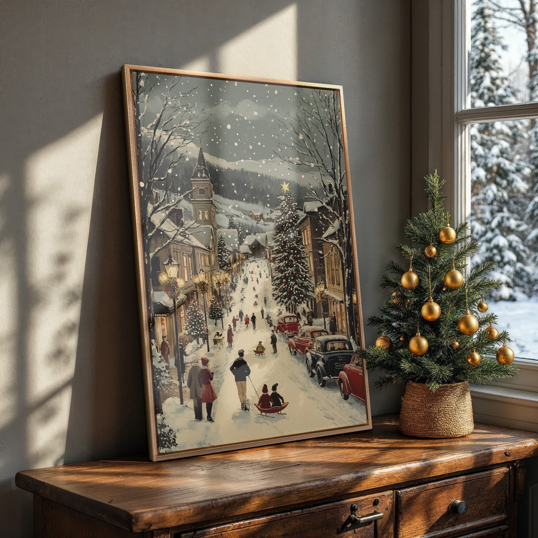 Framed Wall Art: Winter scene Canvas Print with a vintage style, snowy street, and a warm, neutral color palette. Perfect for holiday decor!