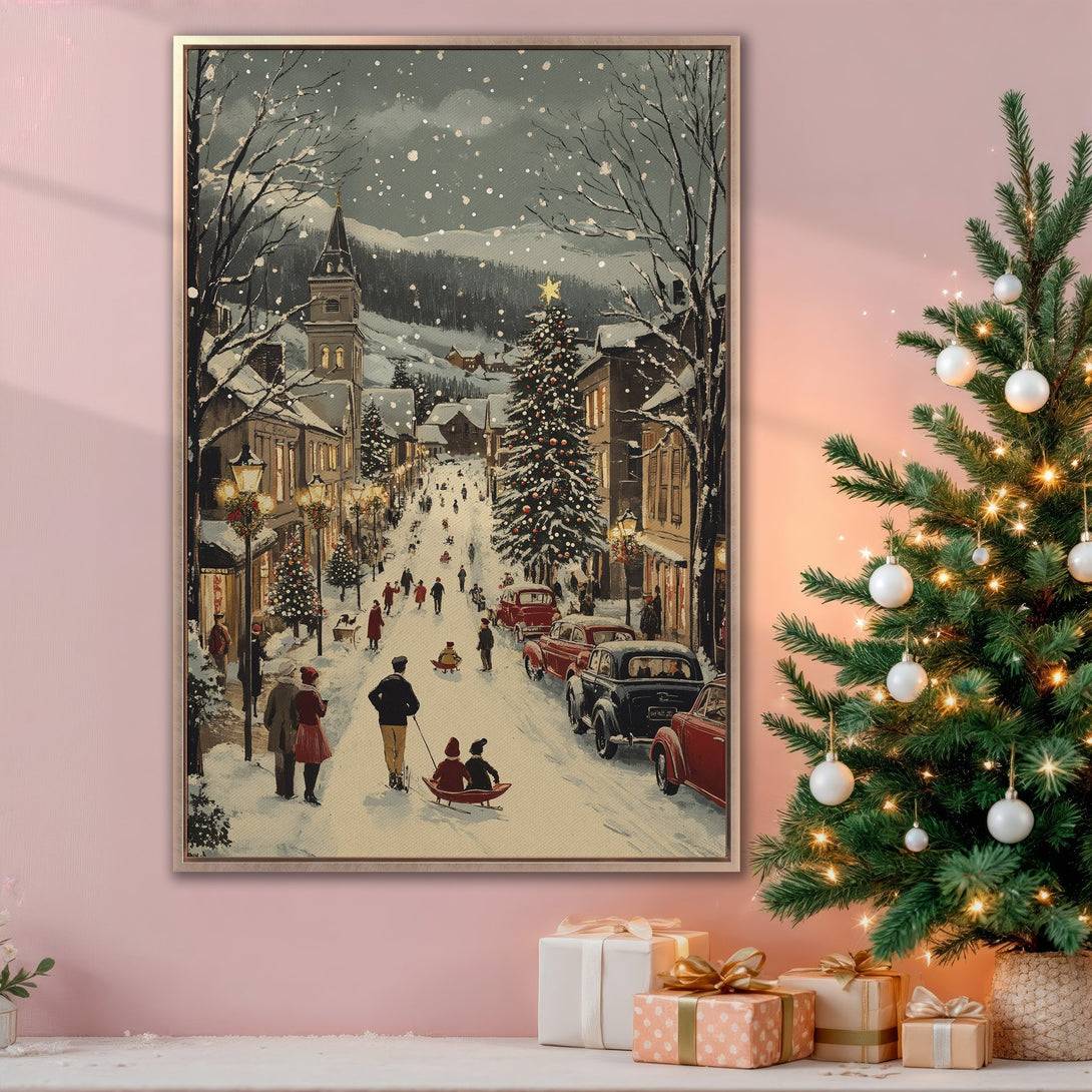 Framed Wall Art of a vintage Christmas scene in a snowy village. Warm, nostalgic style with a muted color palette. Perfect holiday decor.