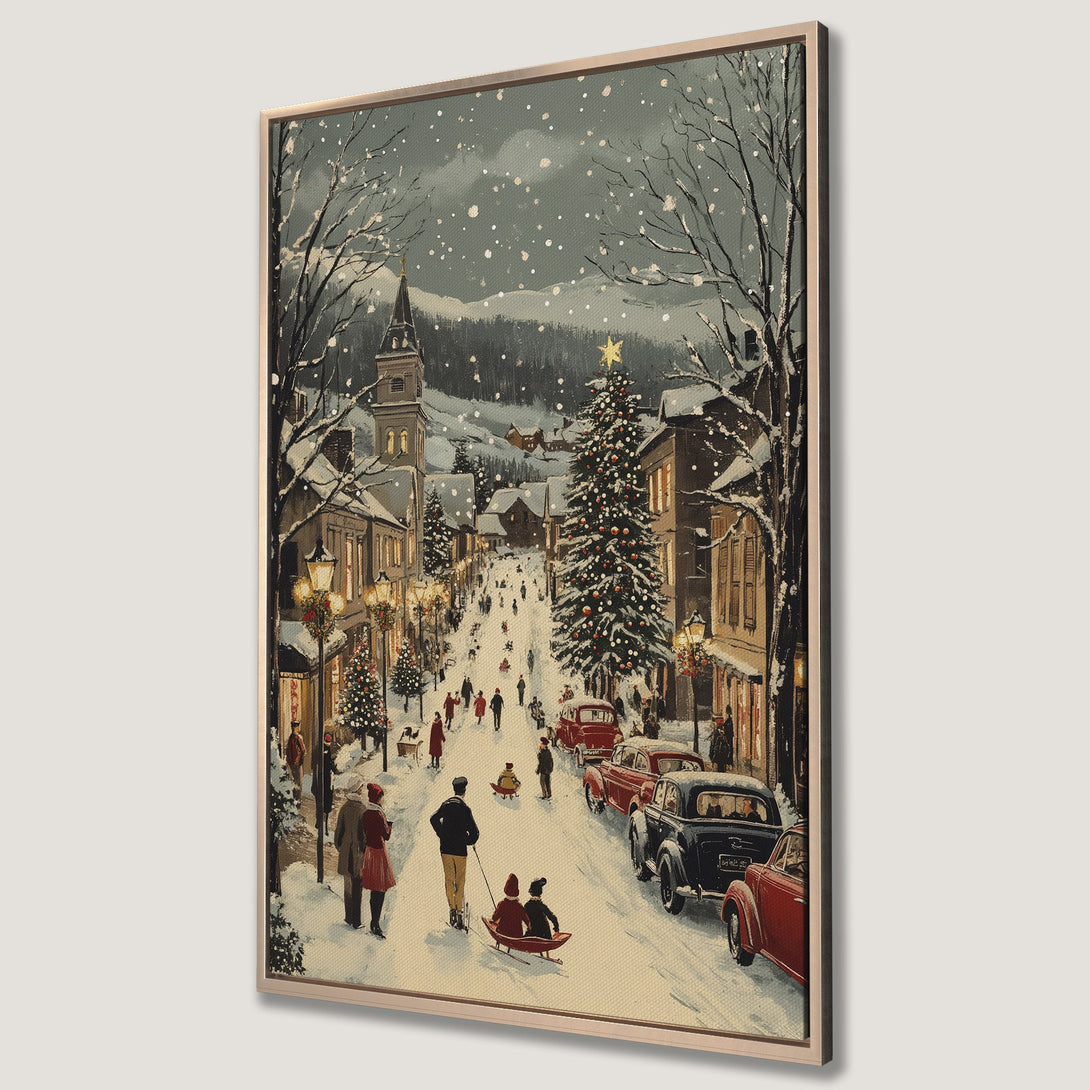 Framed Wall Art of a charming winter street scene. Vintage style with a muted color palette featuring snowy whites, reds, and greens. Perfect holiday home decor.