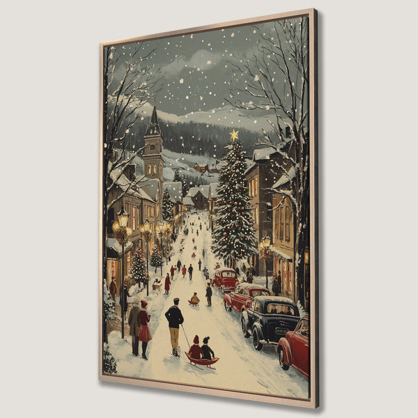 Framed Wall Art of a charming winter street scene. Vintage style with a muted color palette featuring snowy whites, reds, and greens. Perfect holiday home decor.