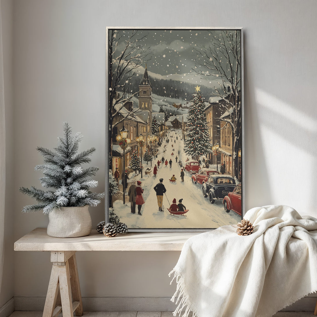 Framed Wall Art: Vintage Christmas scene Canvas Print in muted tones. Depicts snowy village with people, cars, and Christmas trees. Perfect holiday decor!