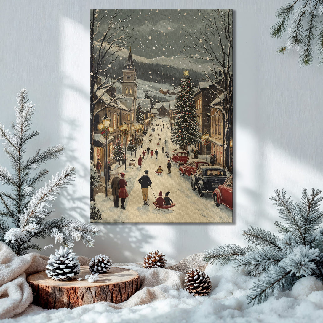 Framed Wall Art: Winter street scene Canvas Print with a vintage look. Features a snowy village with muted blues, grays, and warm gold accents. Perfect holiday decor!