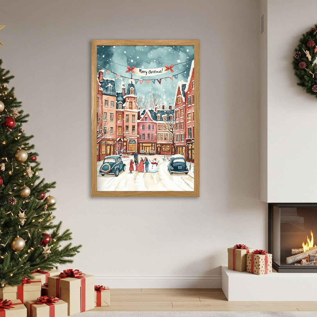 Framed Poster featuring a watercolor Christmas scene in a warm, inviting color palette. Perfect holiday decor!