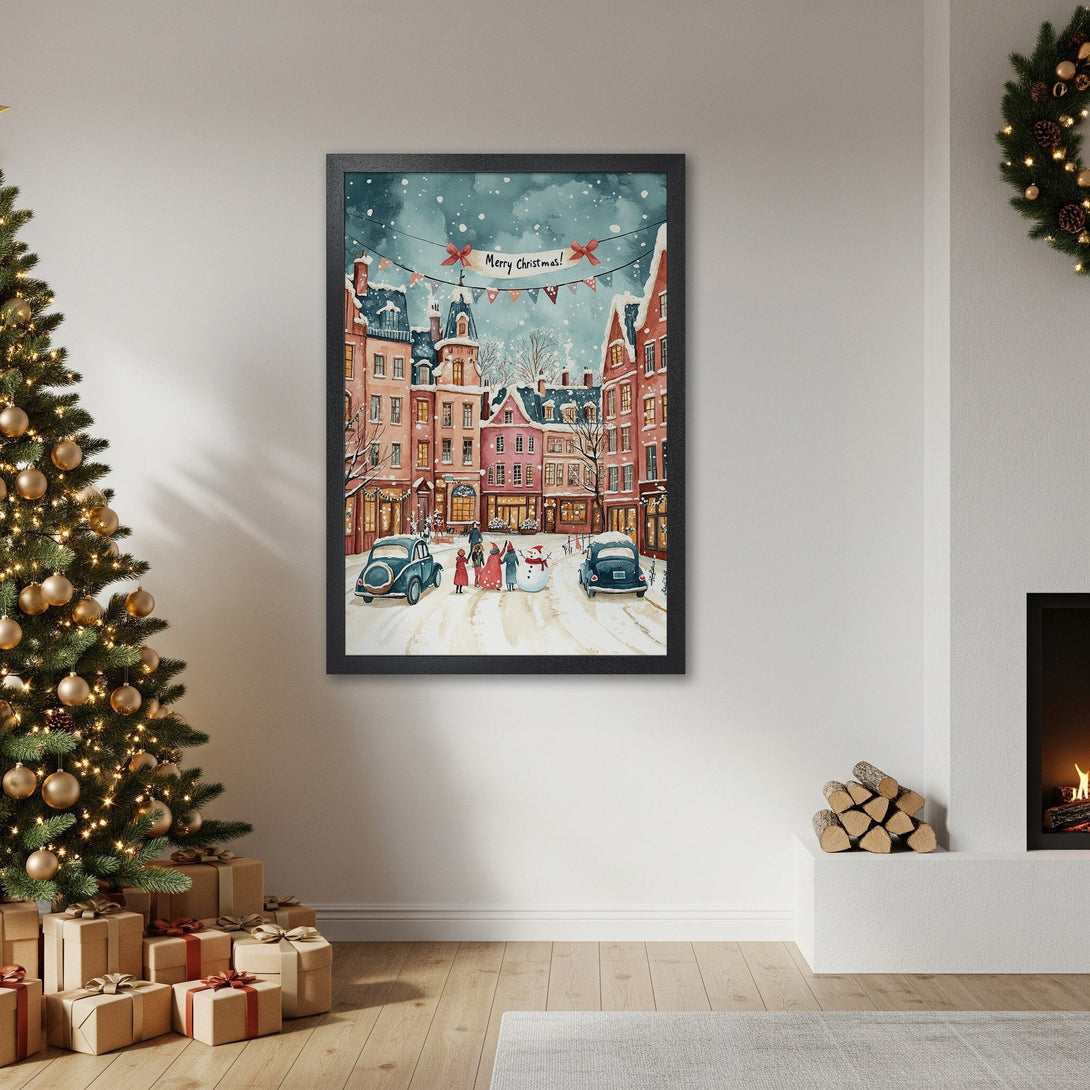 Framed Poster of a watercolor Christmas scene with a snowy street, warm color palette, perfect holiday decor.