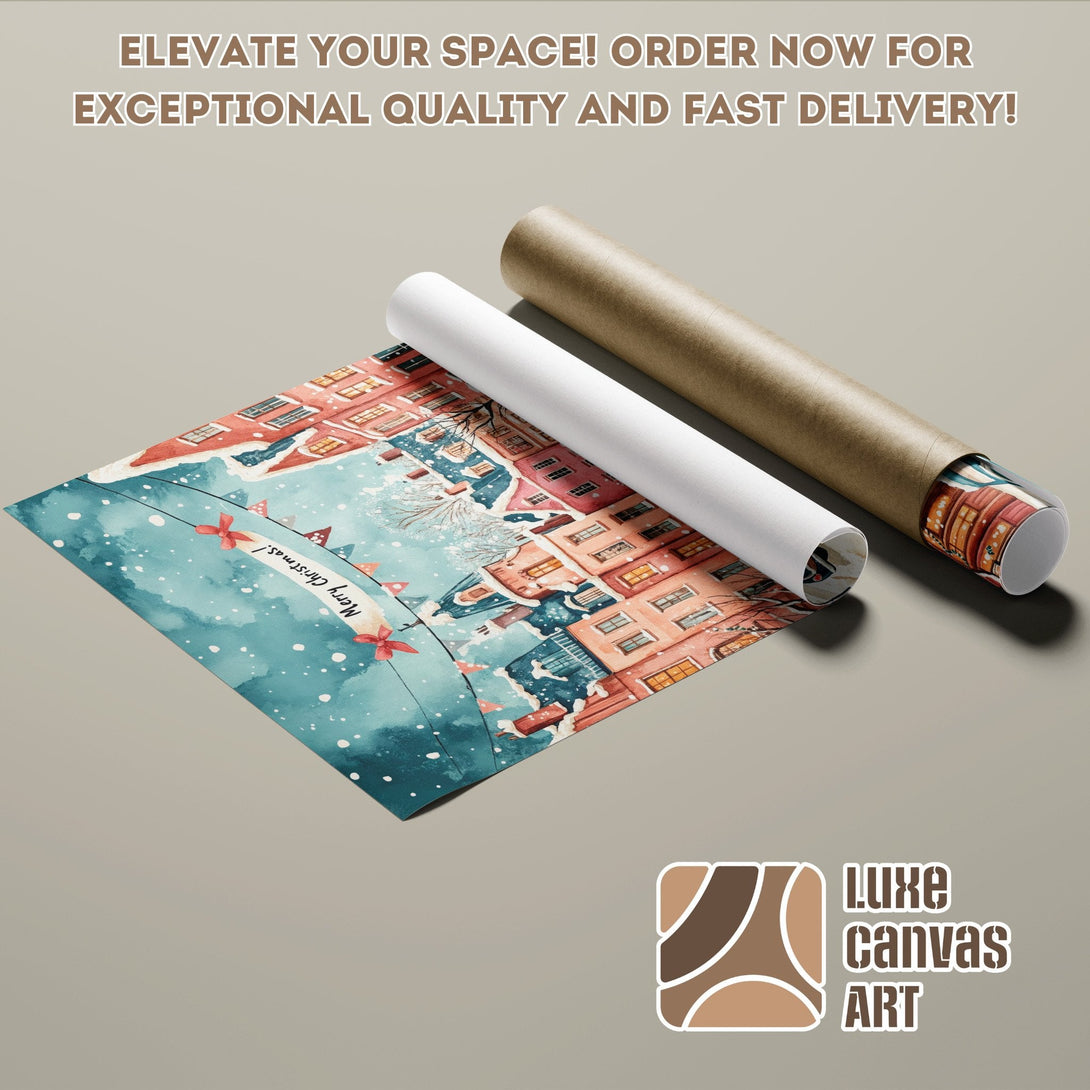 Watercolor Christmas Poster Roll, featuring a winter town scene in blues, reds, and browns. Elevate your space!