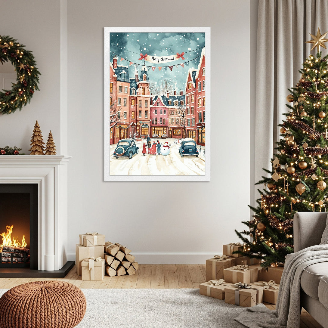 Framed Poster of a charming winter scene with a warm color palette, perfect for holiday decor.