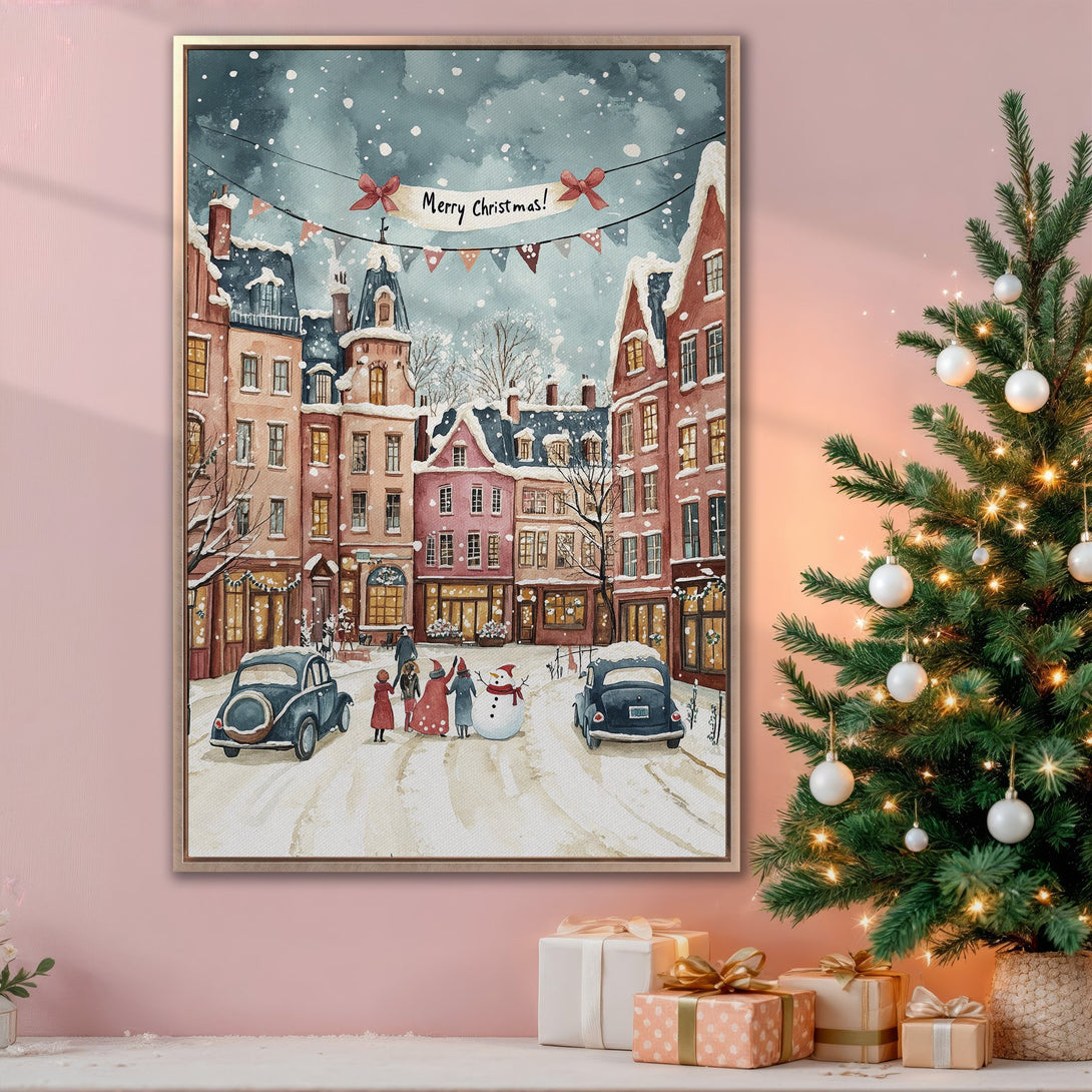 Framed Wall Art: Watercolor Christmas scene with snow-covered European buildings, people, and cars. Warm, inviting color palette perfect for holiday decor. Add festive cheer to your home!