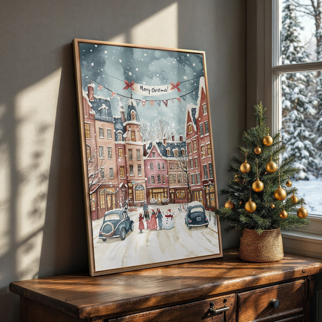 Framed Wall Art: Watercolor Christmas scene in soft blues, pinks, and browns. Charming winter streetscape Canvas Print adds holiday cheer to any home.