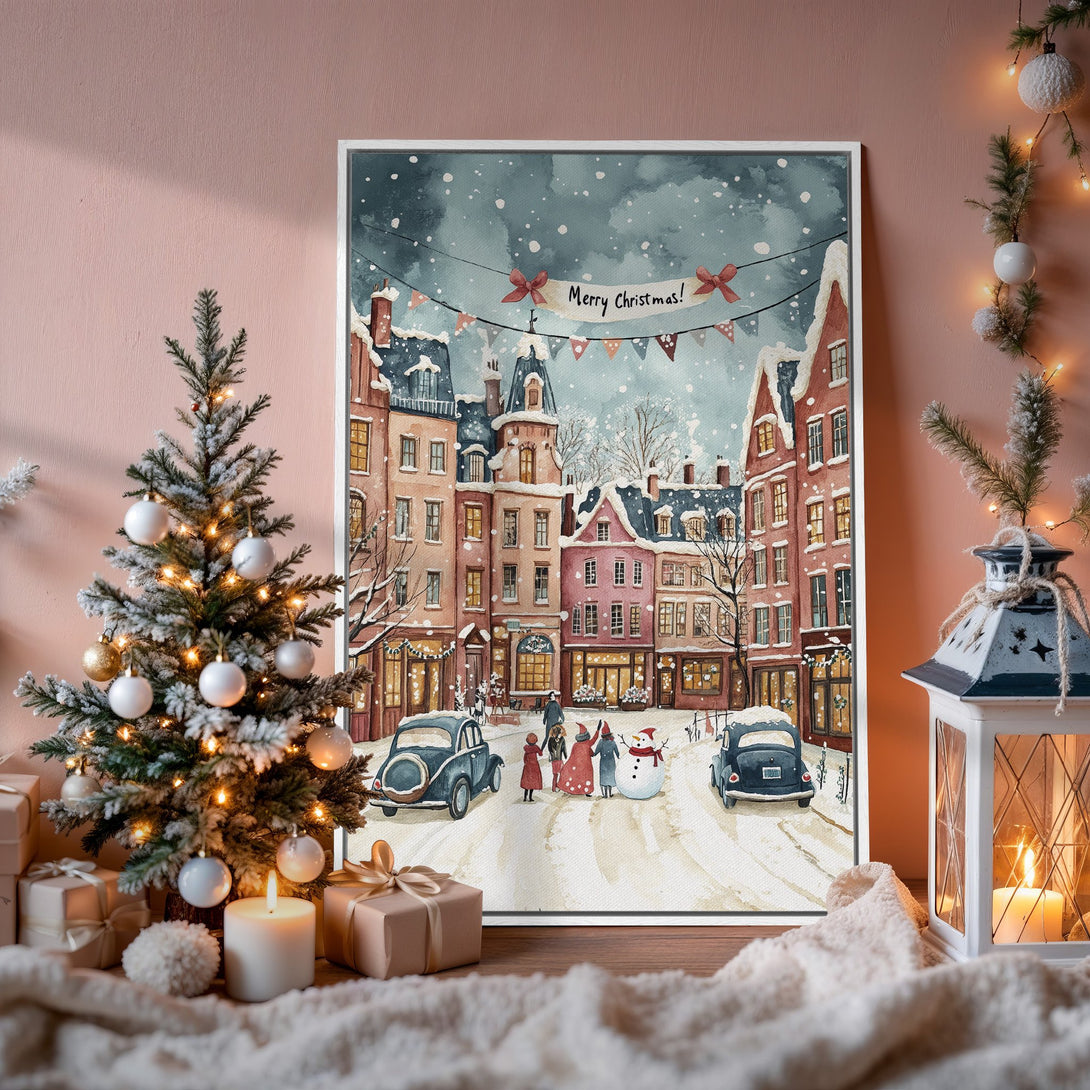 Framed Wall Art: Watercolor Christmas street scene with warm, festive colors. Perfect holiday decor for a cozy, inviting atmosphere. Shop now!