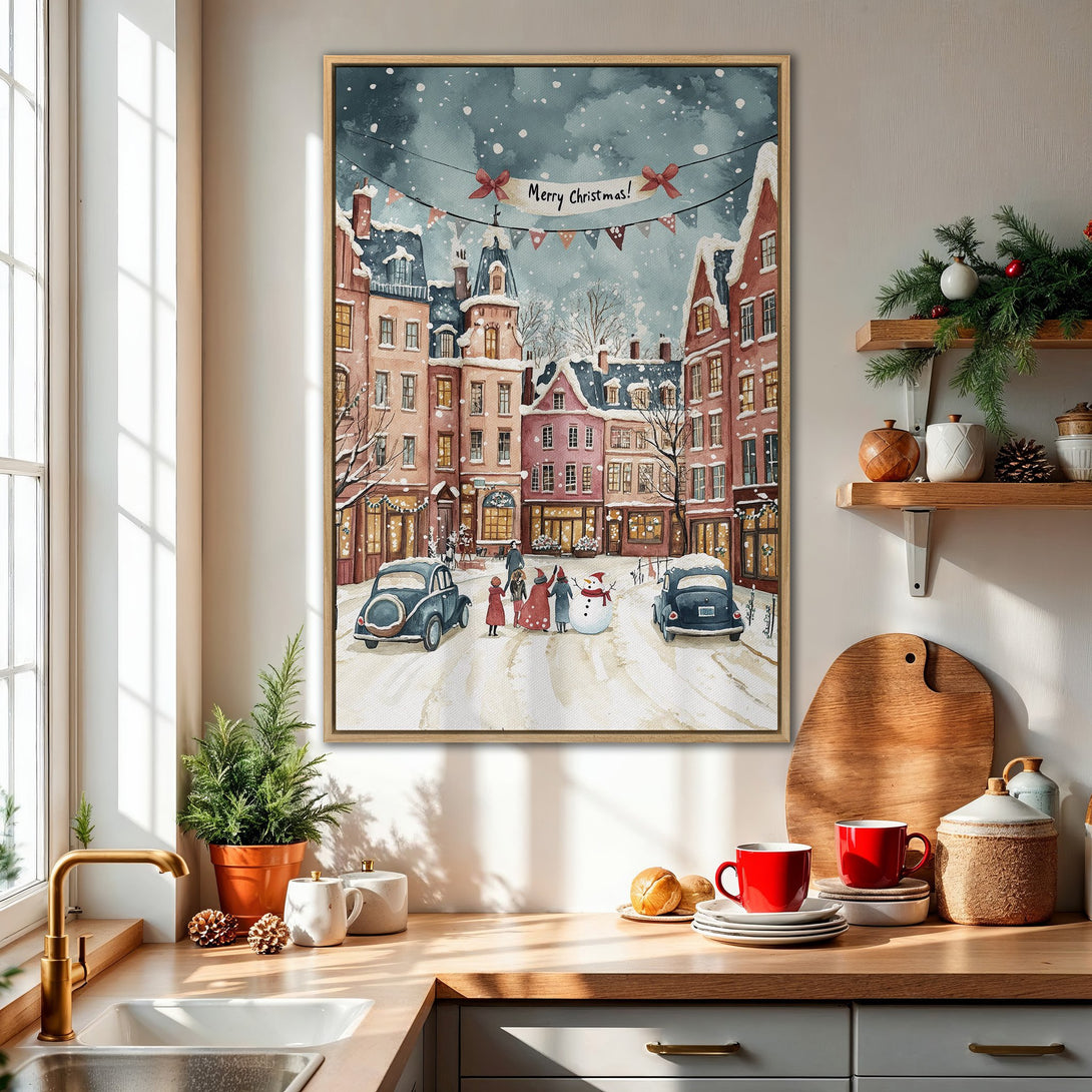 Framed Wall Art: Charming Christmas scene in watercolor style, featuring a snowy town with warm red and blue hues. Perfect holiday decor for your home!
