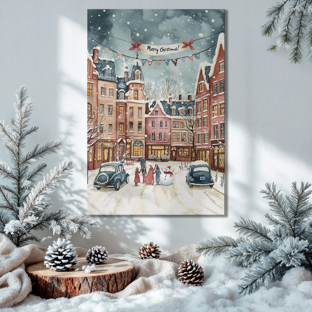 Framed Wall Art: Watercolor Christmas scene in a cozy interior. Featuring a snowy town, warm tones, and festive decor. Perfect holiday gift!