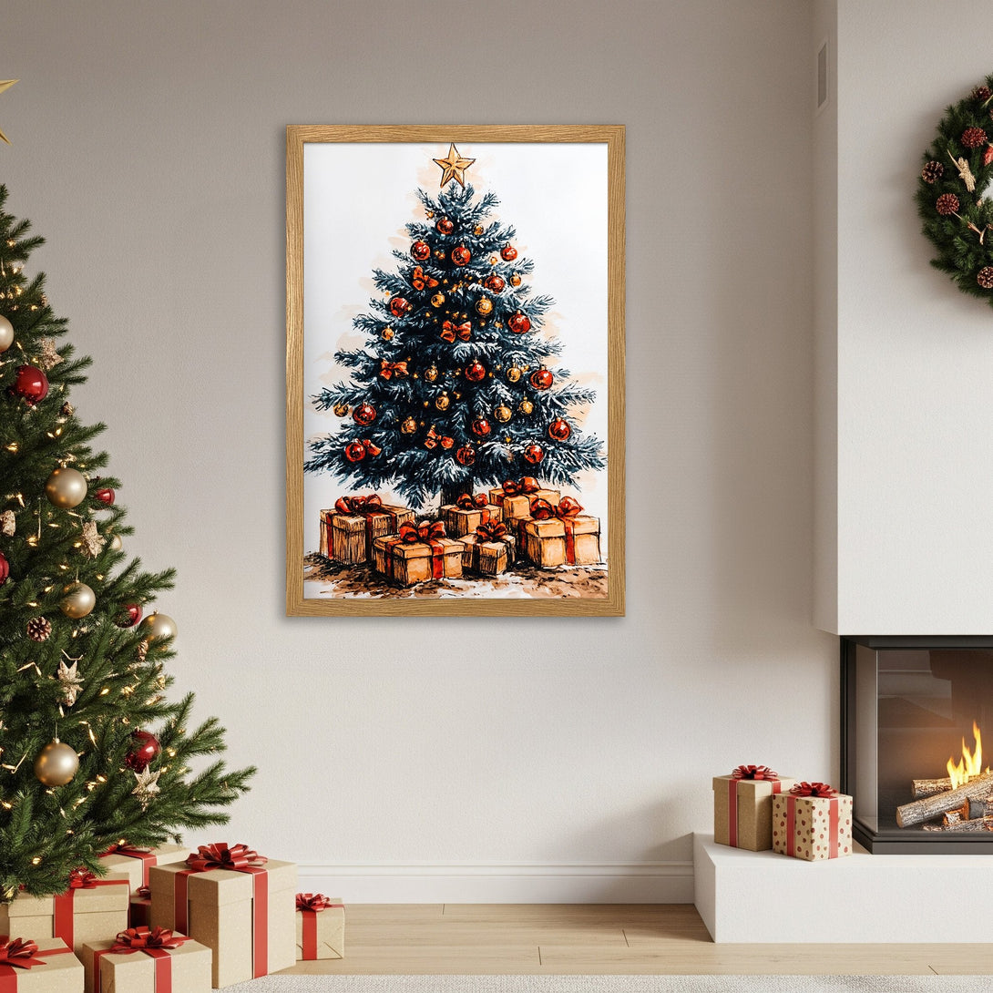 Framed Poster featuring a watercolor Christmas tree with red and gold ornaments. Warm, inviting color palette perfect for holiday decor.