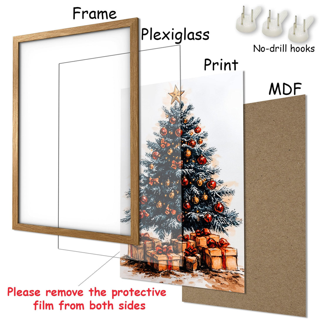 Framed Poster featuring a watercolor Christmas tree in red, gold, and green, ready to hang. Festive wall art!