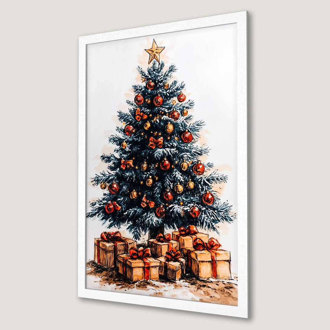 Framed Poster featuring a watercolor Christmas tree with red and gold ornaments. Festive decor in a warm color palette.