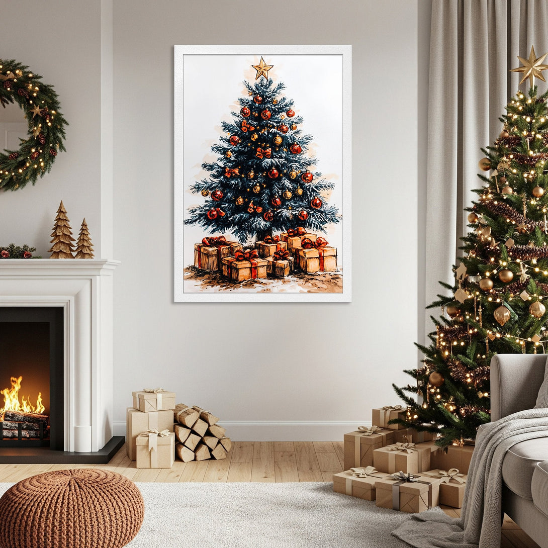 Framed Poster featuring a watercolor Christmas tree with red and gold ornaments. Warm, inviting color palette, perfect holiday decor.