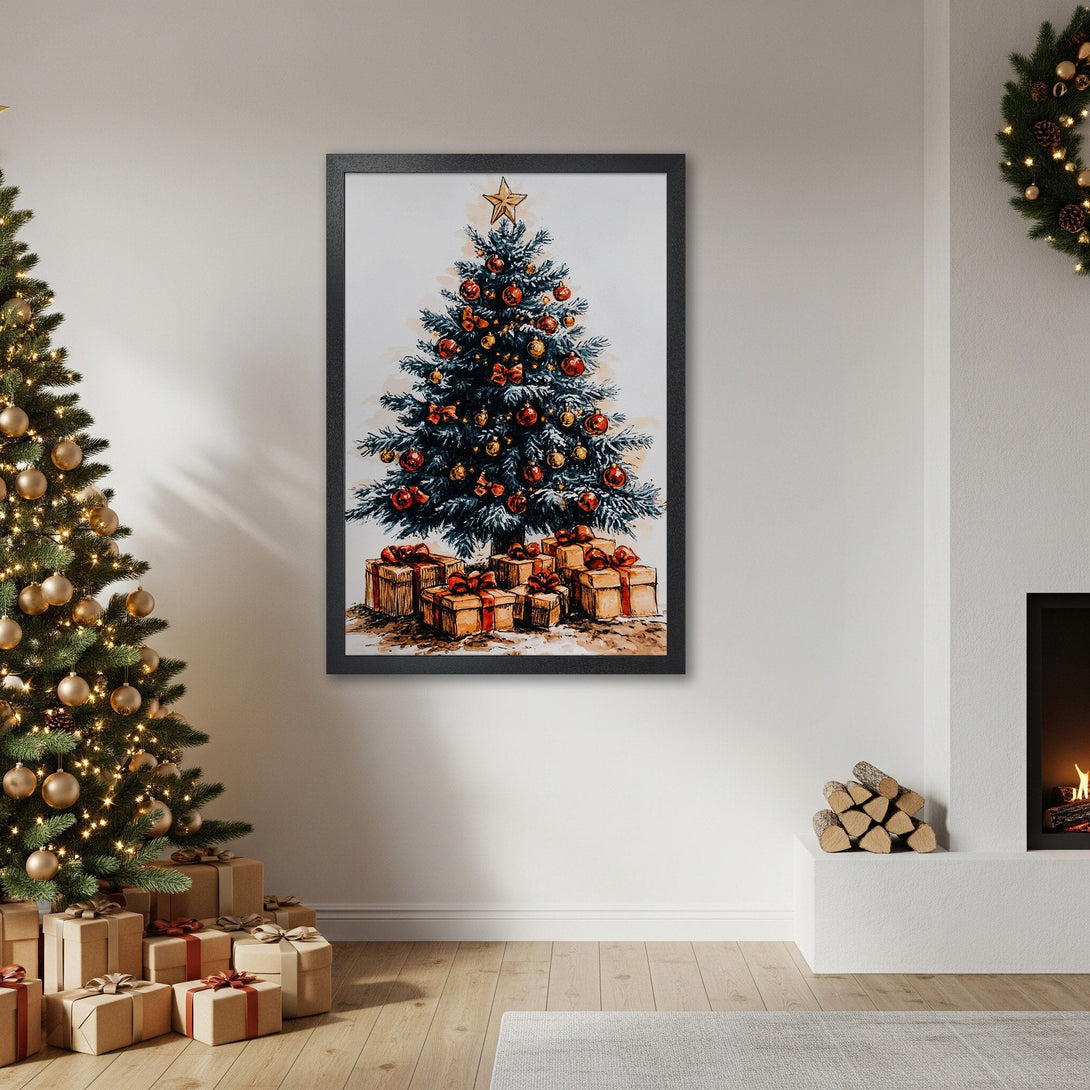 Framed Poster featuring a watercolor Christmas tree, warm colors, and cozy holiday vibes. Perfect for festive home decor.