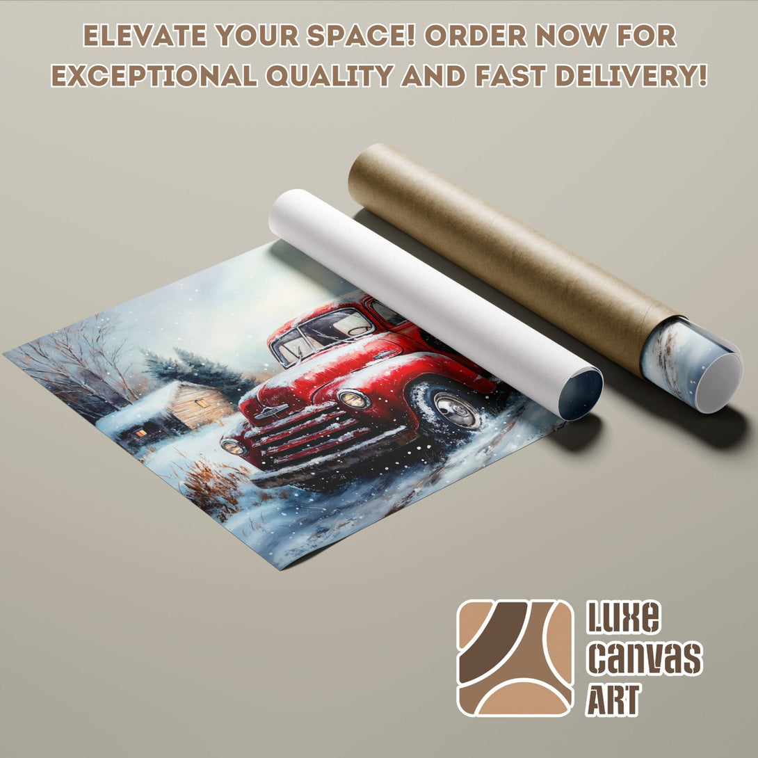 Winter scene Poster Roll with red truck art. Cozy style, blue/red palette. Order now!