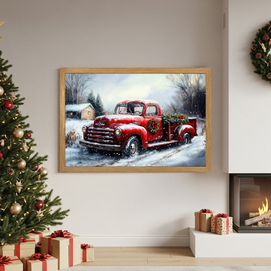 Framed Poster of red vintage truck in winter scene, rustic style, warm red & neutral color palette. Perfect Christmas decor!