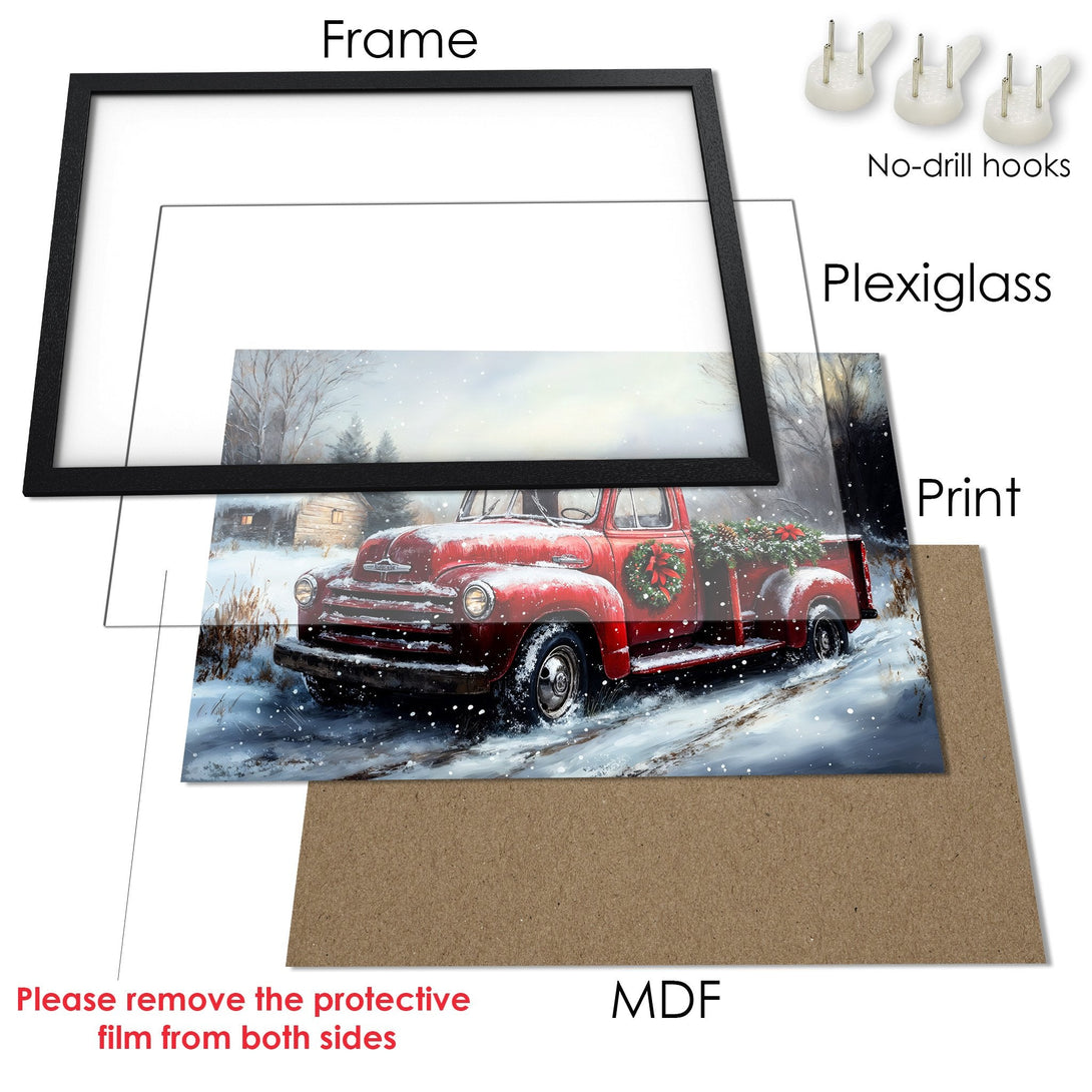 Framed Poster featuring a vintage red truck in a snowy winter scene. Rustic style with a warm, inviting color palette. Perfect wall art!