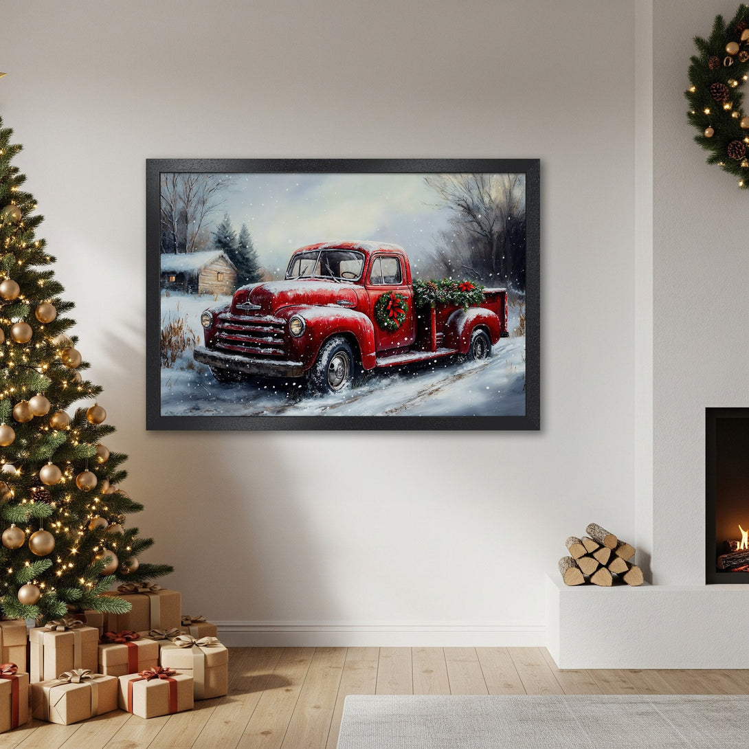 Framed Poster of a red vintage truck in a snowy scene, perfect for Christmas decor. Rustic style with warm, inviting colors.