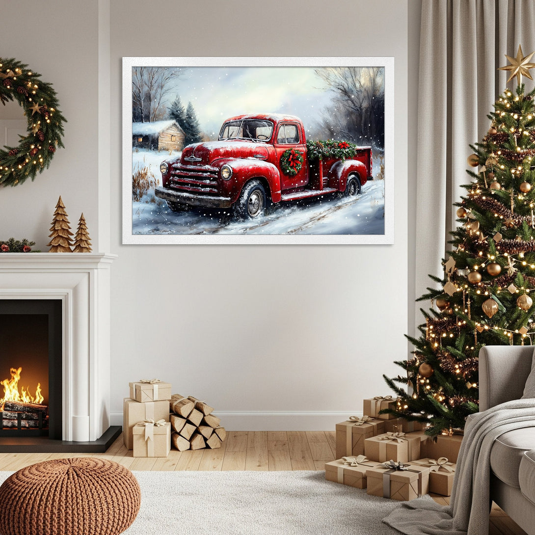Framed Poster featuring a vintage red truck in a winter scene. Watercolor style with a warm, festive color palette. Perfect holiday decor!