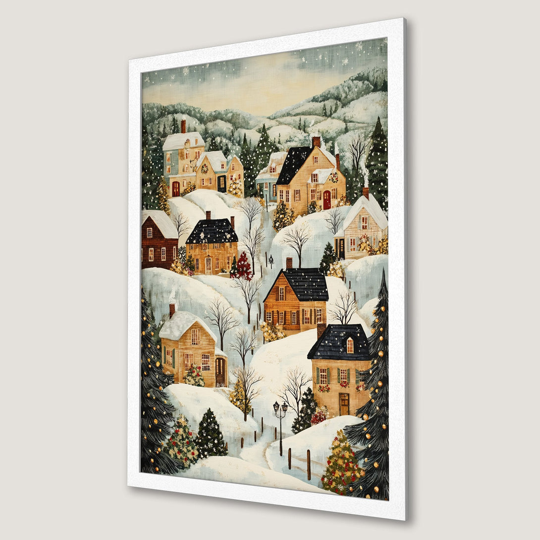 Framed Poster of a winter village scene in a watercolor style, featuring snow-covered houses and trees with a warm, neutral color palette.