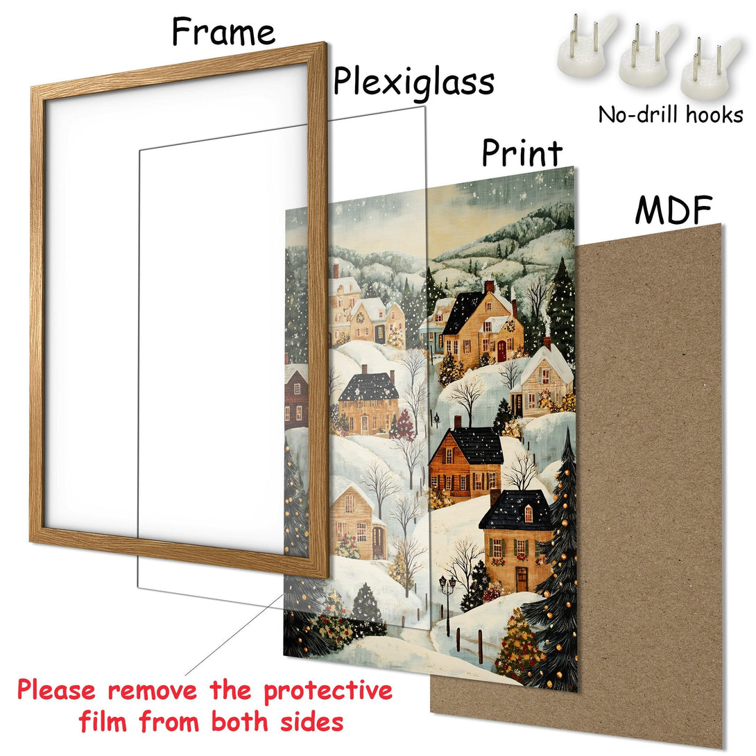 Framed Poster of a winter village scene. Rustic style, warm color palette with snow. Perfect holiday decor!