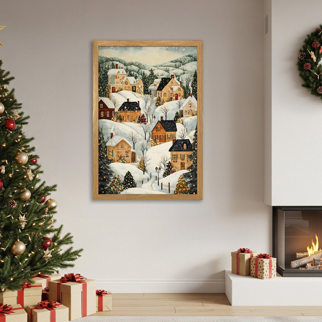 Framed Poster featuring a cozy winter village scene in a vintage style with a warm, neutral color palette. Perfect holiday decor!