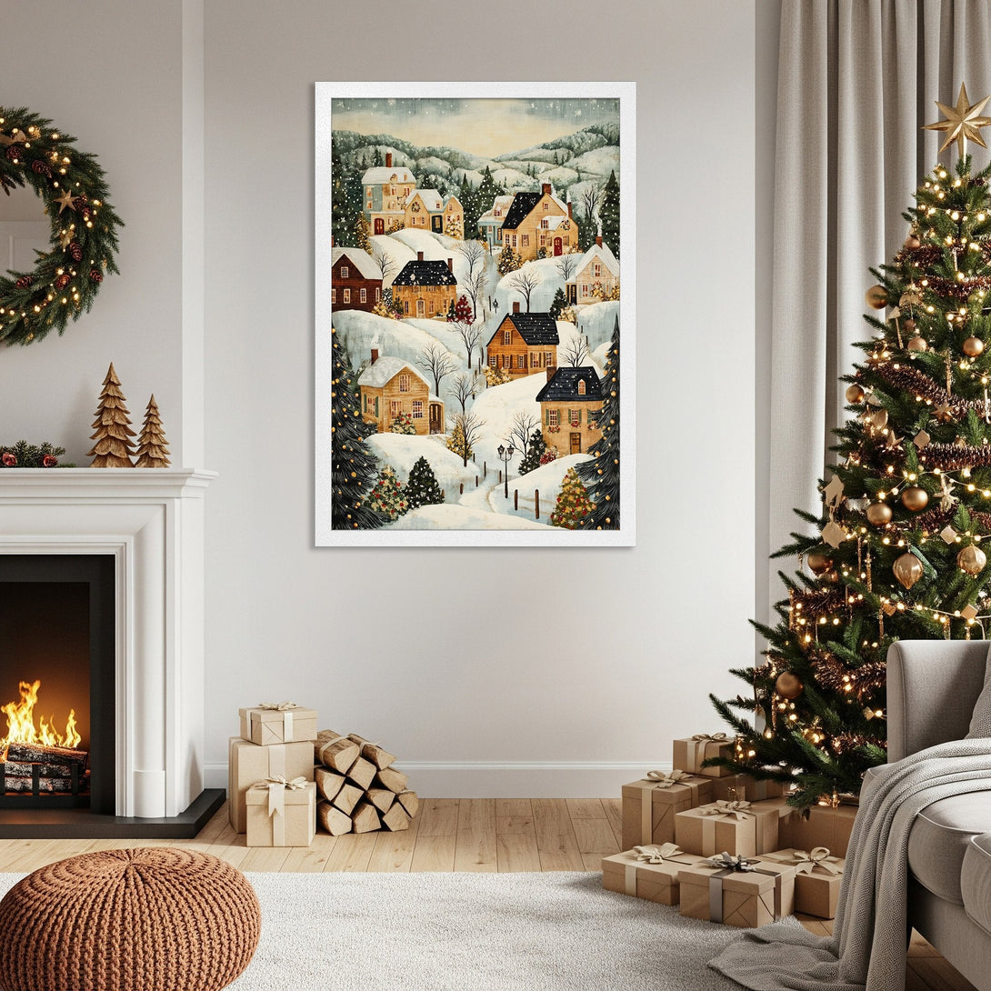 Framed Poster of a winter village scene. Watercolor style, warm neutral tones and festive holiday decor. Perfect Christmas wall art.
