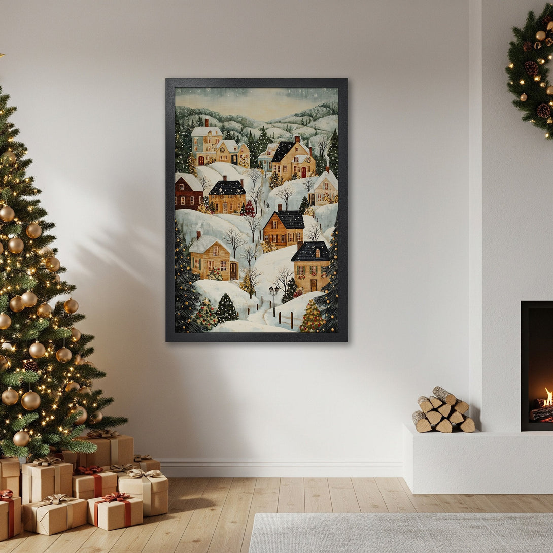 Framed Poster featuring a cozy winter village scene in a warm, neutral color palette. Perfect holiday decor!