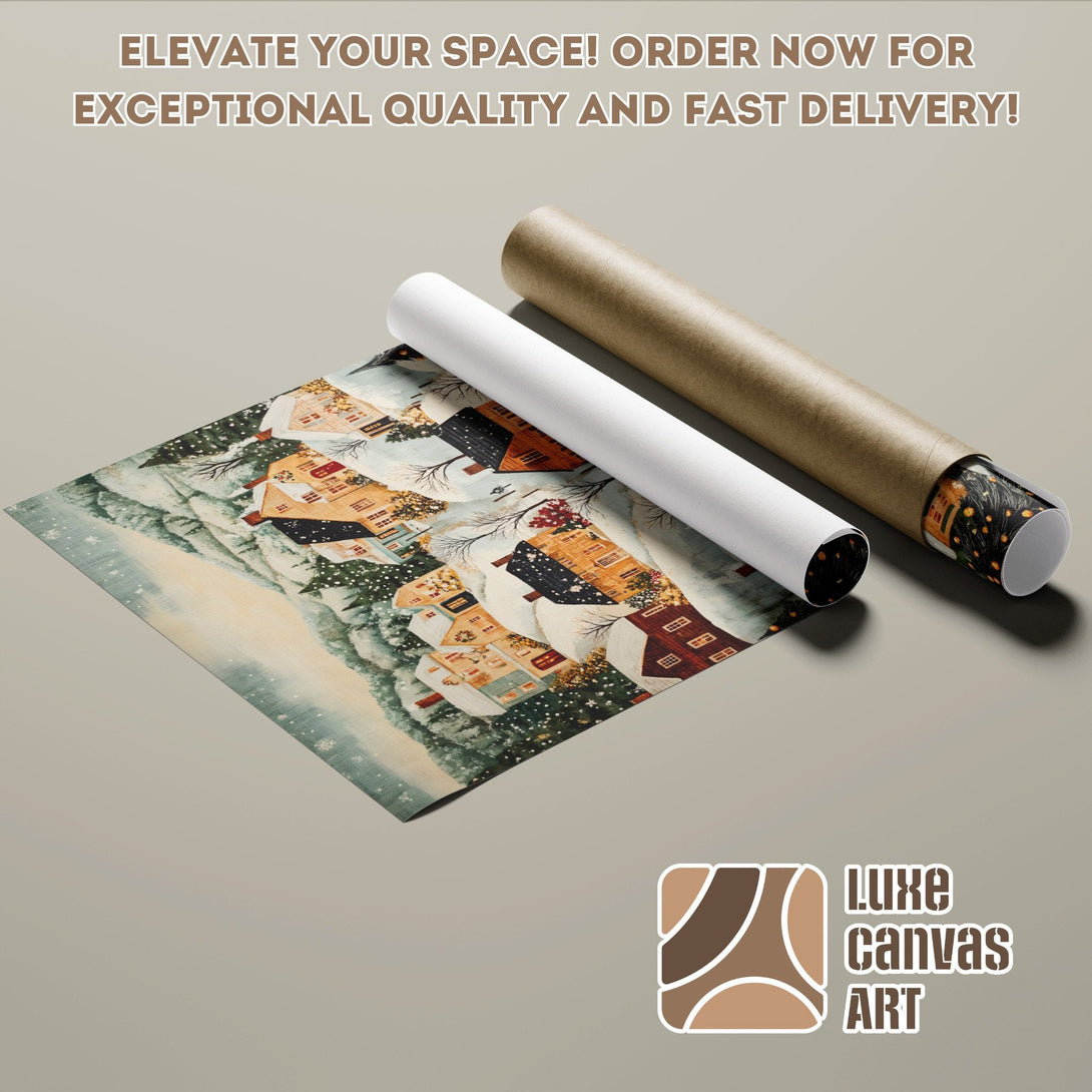Poster Roll featuring a winter village scene, warm color palette, perfect for cozy decor.
