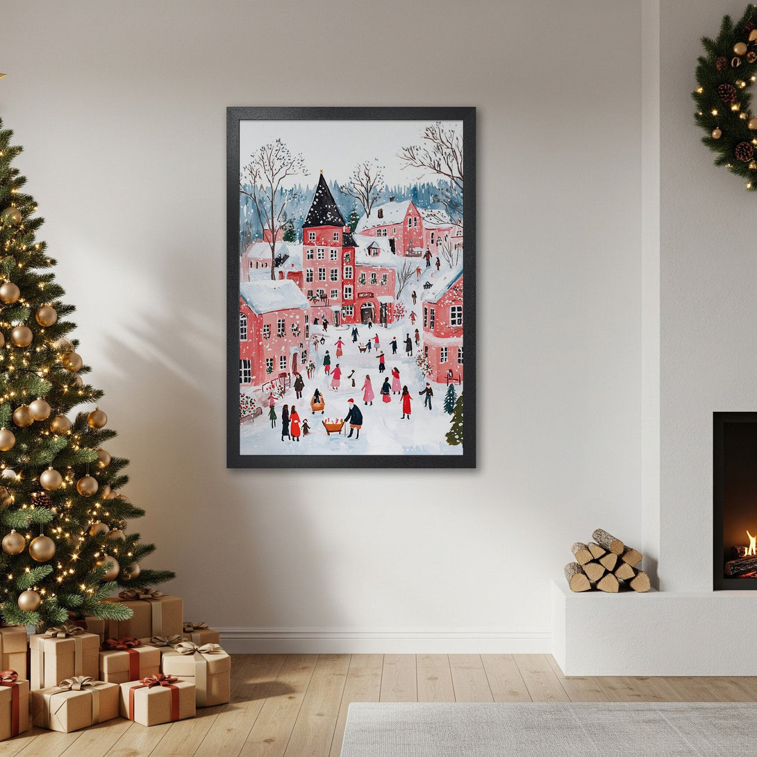 Framed Poster of a winter village scene in a whimsical style with a red and white color palette, perfect for holiday decor.