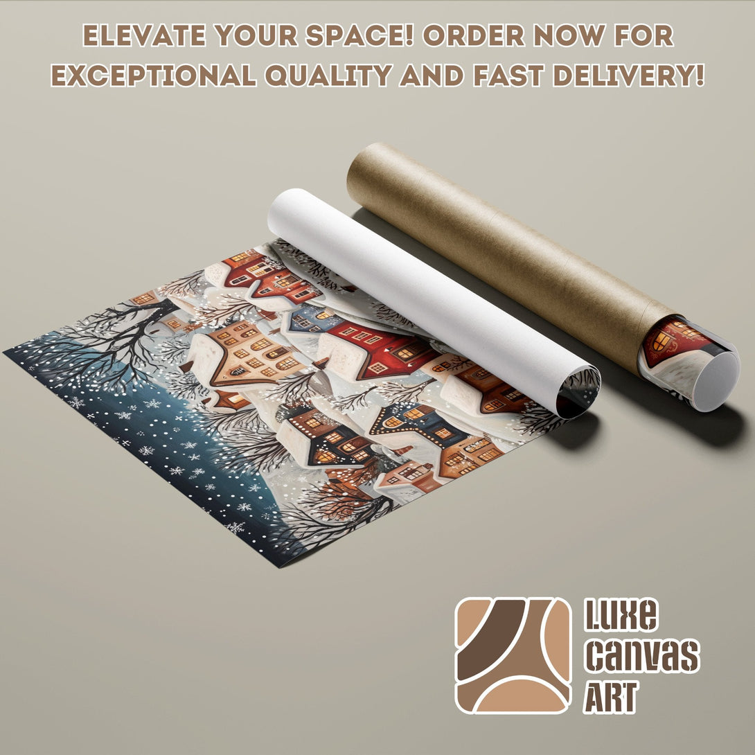 Winter village art poster roll, watercolor style, blue, white, and warm tones. Order yours today!