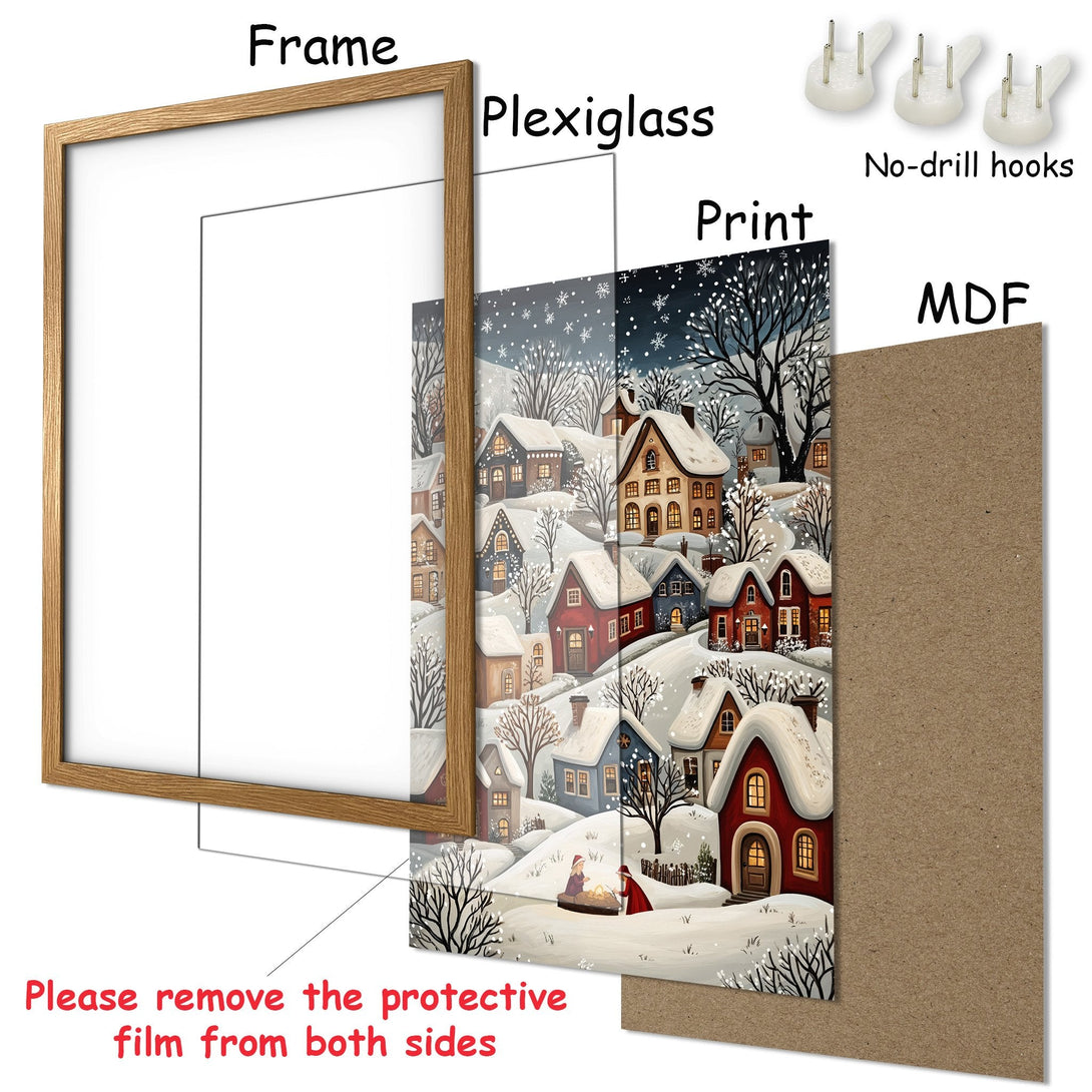 Framed Poster featuring a cozy winter village scene with a warm color palette. Perfect for adding holiday cheer to your home!