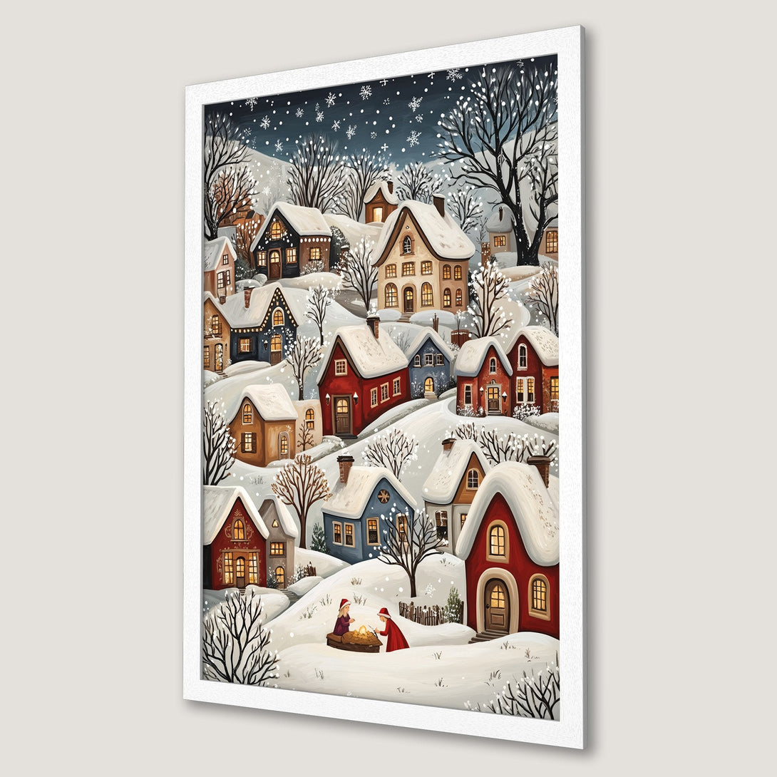 Framed Poster featuring a charming winter village scene with a warm color palette, perfect for holiday decor.