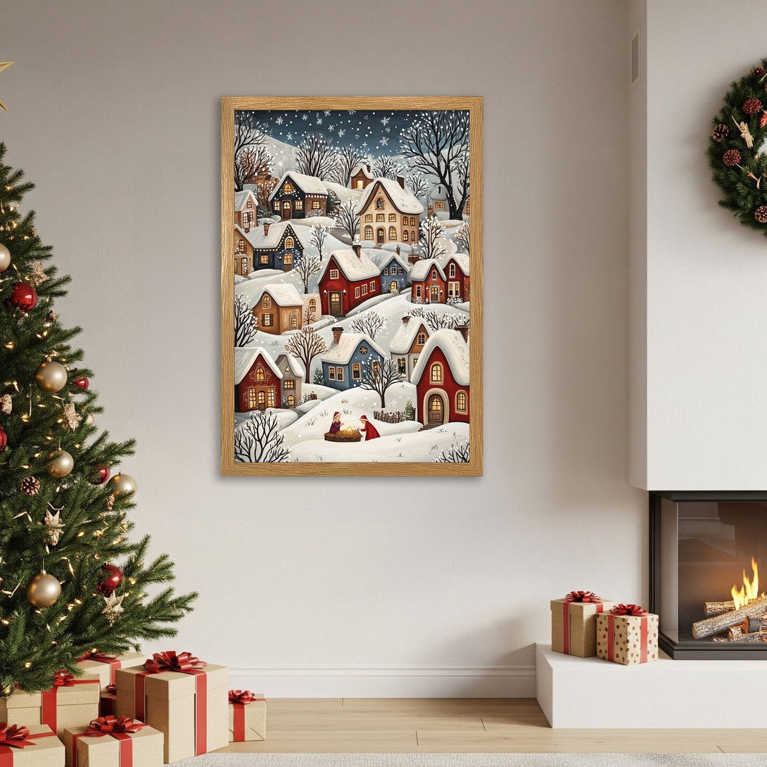 Framed Poster featuring a charming winter village scene. Cozy, whimsical style with a warm color palette. Perfect holiday decor!