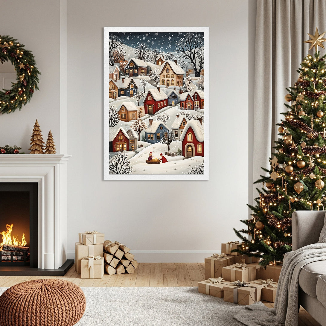 Framed Poster featuring a winter village scene in a cozy, illustrative style with a blue, red, and white color palette. Perfect Christmas decor!