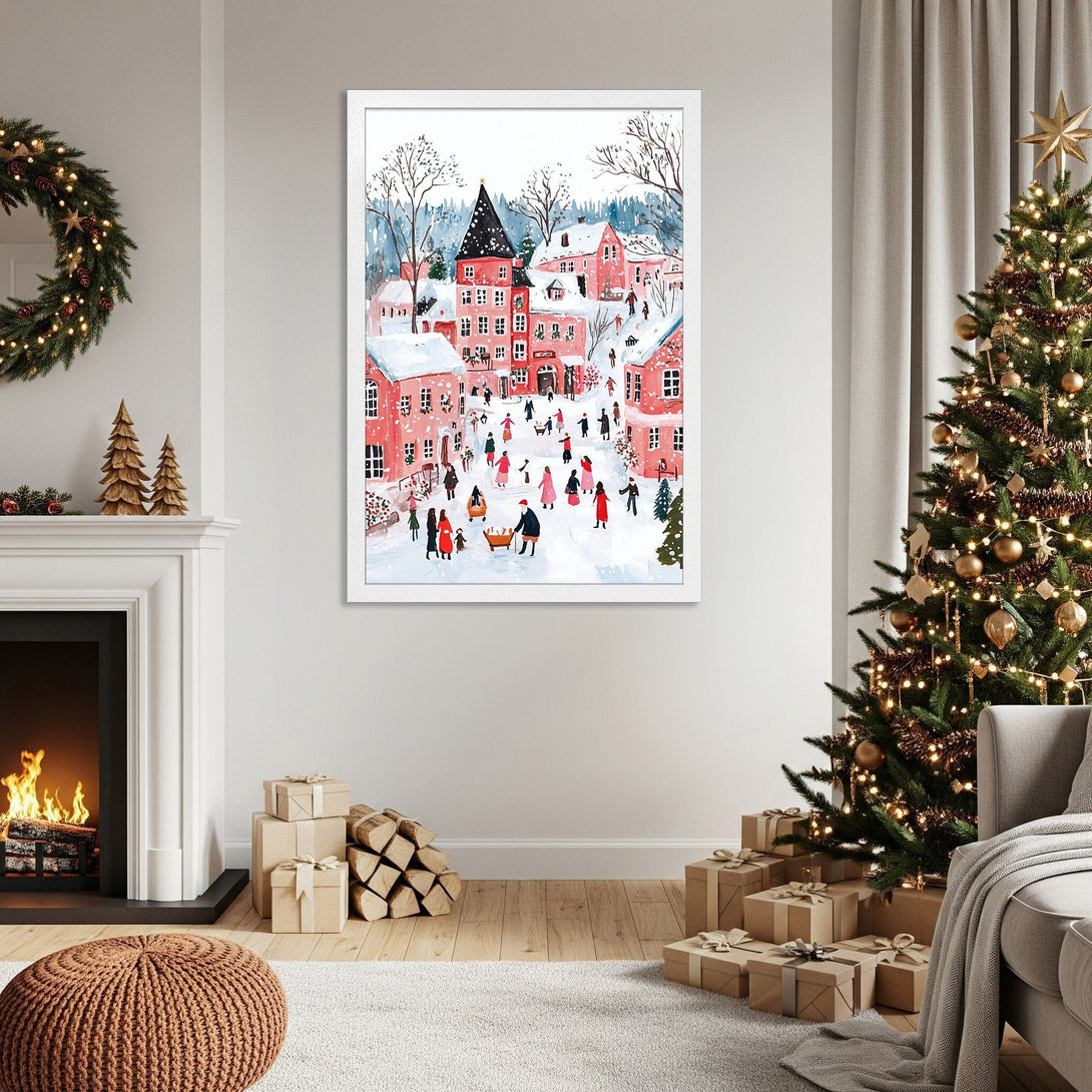 Framed Poster of a festive winter village scene in watercolor style, featuring red buildings, a snowy landscape, and a warm color palette.