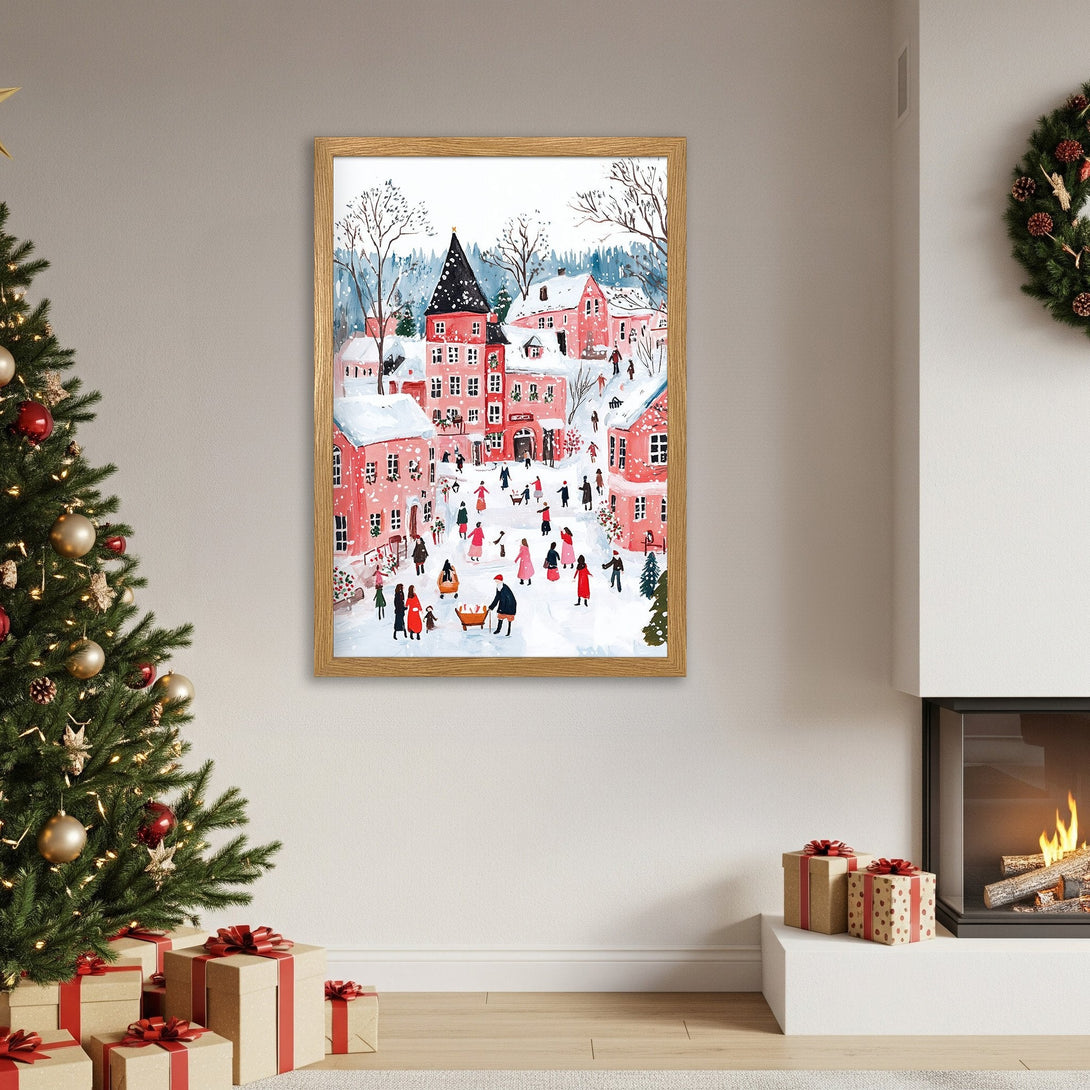 Framed Poster of a whimsical winter village scene in a watercolor style, featuring a red and white color palette.