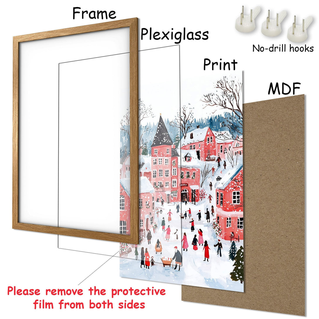 Framed Poster of a winter village scene in a watercolor style with a red and white color palette. Perfect wall art!