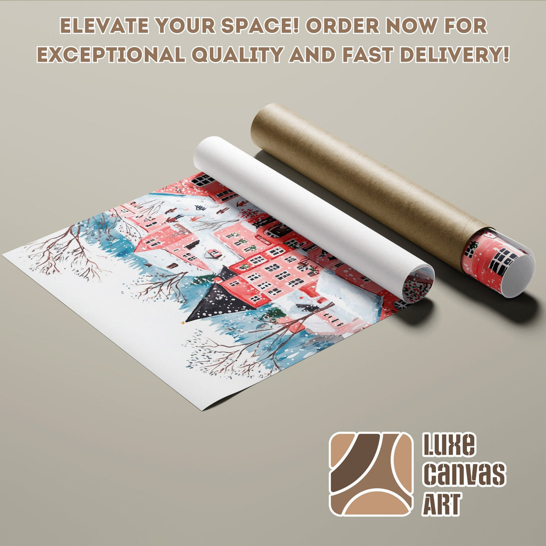 Poster Roll featuring a winter village watercolor painting in red and blue tones.
