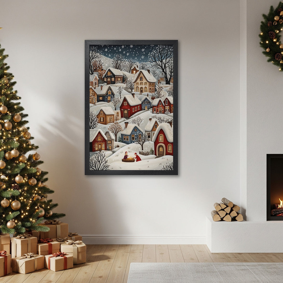 Framed Poster featuring a whimsical winter village scene in a warm, inviting color palette. Perfect holiday decor!