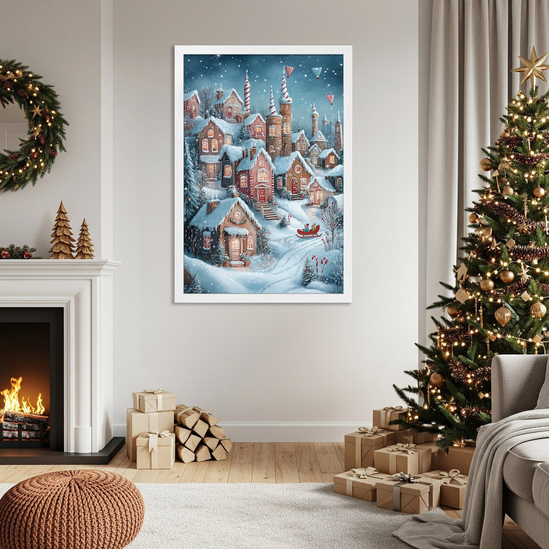 Framed Poster featuring a whimsical winter village scene in a cozy, watercolor style with a blue, red, and white color palette. Perfect holiday decor!