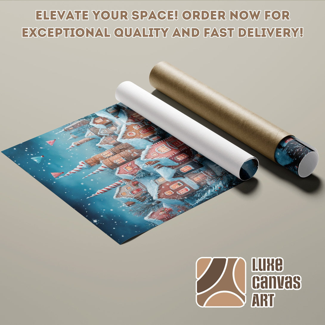 Poster Roll featuring a whimsical winter village scene in blue and brown tones. Elevate your space!