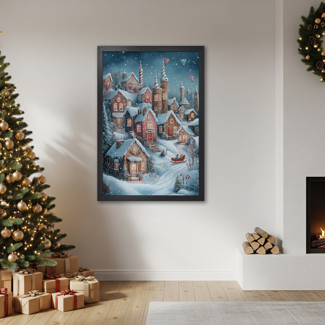 Framed Poster of a whimsical winter village scene in a cozy, inviting style with a blue and white color palette. Perfect Christmas decor!