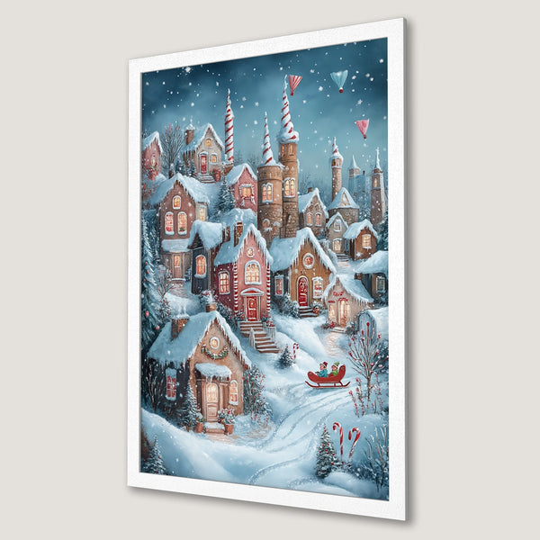 Framed Poster of a whimsical winter village scene, watercolor style with blue, white, and red hues. Perfect holiday decor!