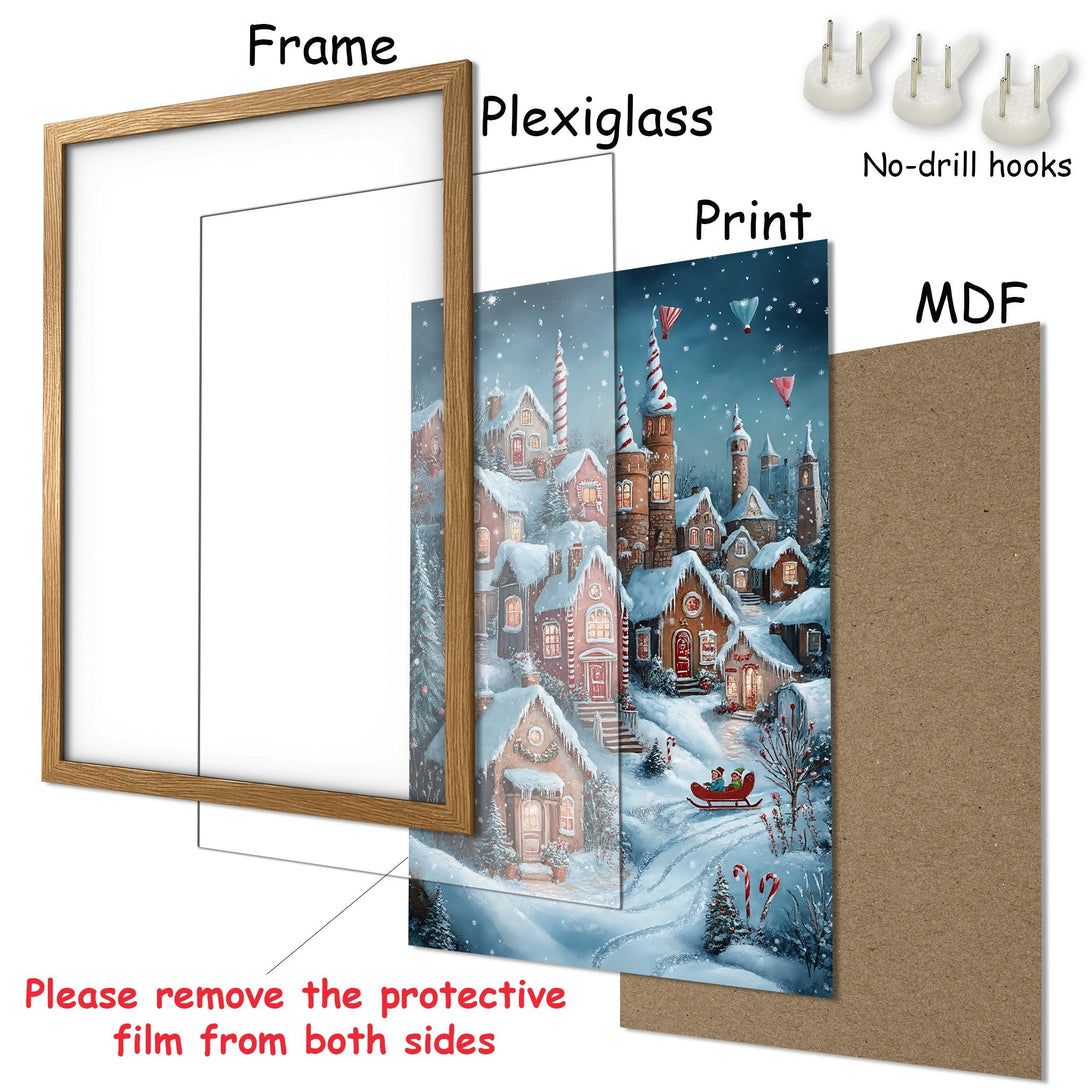 Framed Poster featuring a winter village scene in a whimsical style with a cool blue and warm brown color palette. Perfect for holiday decor!